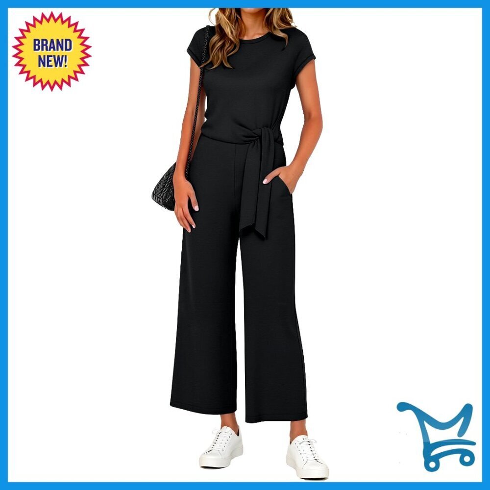 Women's 2-Piece Lounge Set Tie Waist Crop Top Wide Leg Pants Travel Outfit